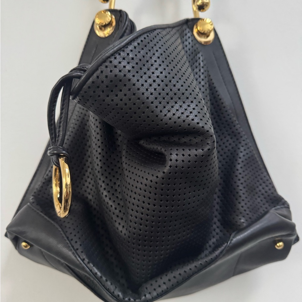 BCBG Maxazria | Black Perforated Hobo Bag with Gold Accents
